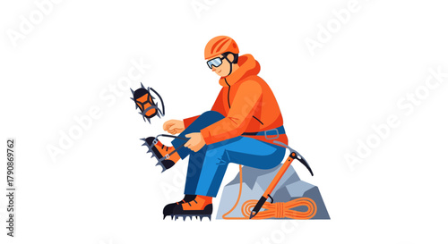 Adventurous Climber Prepares For Expedition, Securing Climbing Gear On Rocky Surface