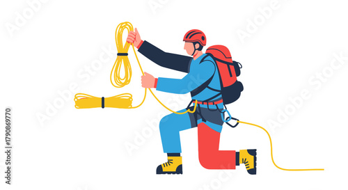 Adventurous Climber Prepares For His Ascent With Safety Gear And Ropes Against Black