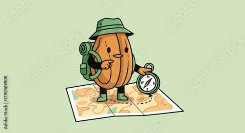 Adventurous Almond Character Navigating With Compass on a Map Exploring New Horizons