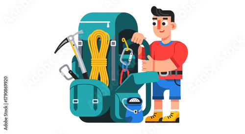 Adventurous Climber Ready For Climbing With Backpack Containing Necessary Equipment