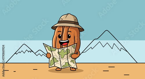 Adventurous Almond Character Holding Map While Exploring Mountains in Animated Illustration