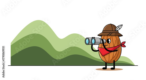 Adventurous Almond Character Observes Green Hills Through Binoculars, Cartoon Illustration