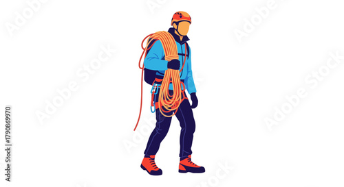 Adventurous Climber Ready For The Mountain Expedition With Climbing Ropes On Black Background