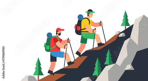 Adventurous Ascent: Two Climbers Conquer Mountain Path Amidst Wilderness Scenery