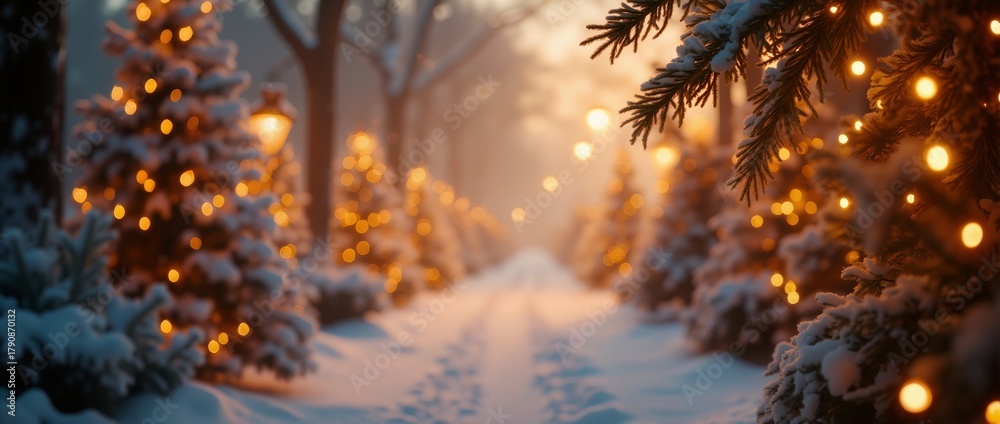 Naklejka premium Christmas background banner with a winter alley among snow-covered fir trees with christmas lights in soft garland light