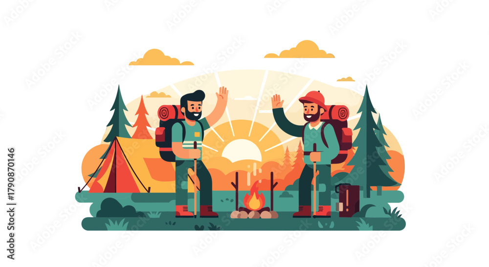 Naklejka premium Adventurous Campers Celebrating Their Wilderness Journey With Cheerful Gestures