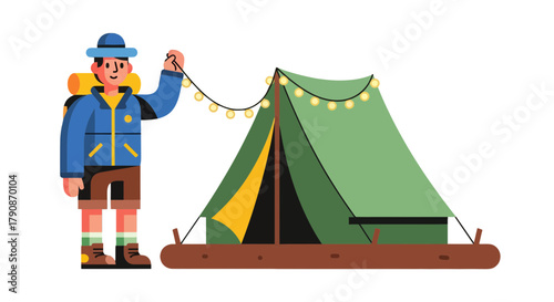 Adventurous Camper Preparing Tent Under Garland Lights For Evening Activities Relaxation