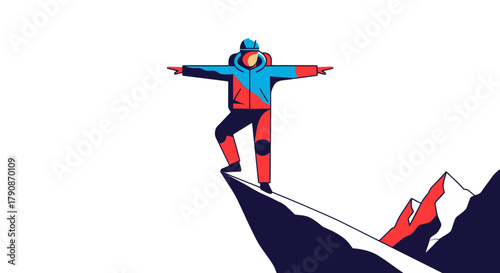 Adventurous Climber Standing On Peak Celebrating Victory With Dramatic Mountain Backdrop