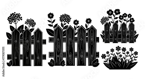 Black and white illustration of a picket fence with blooming wildflowers