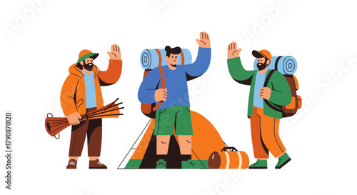 Adventurous Campers Ascend, High Fives Exchanged, Nature's Embrace Beckons, and Explore Together