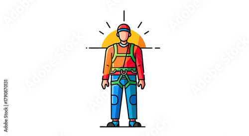 Adventurous Climber Standing Ready Against a Sunset Horizon in a Colorful Cartoon