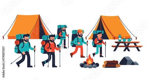 Adventurous Campers Ascending Peaks and Living Outdoors in Nature, Seeking New Adventures