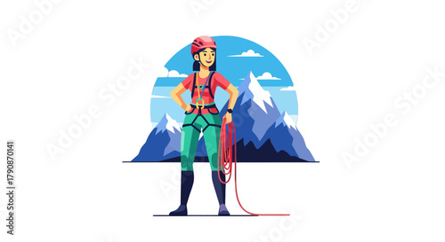 Adventurous Climber Stands Ready Before Majestic Snowy Mountains to Conquer Challenges