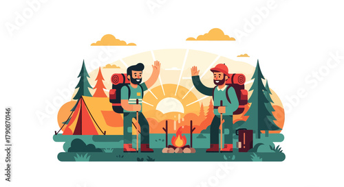 Adventurous Campers Celebrating Their Wilderness Journey With Cheerful Gestures