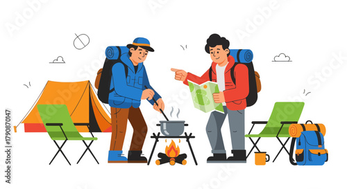Adventurous Campers Cooking And Exploring Nature In An Illustrated Wilderness Setting