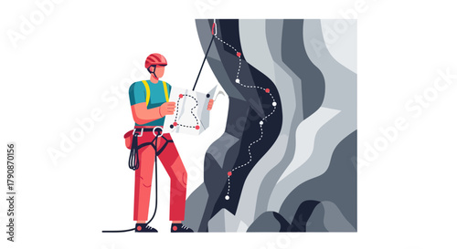 Adventurous Climber Studying Map to Ascend Mountain's Route and Overcome Obstacles