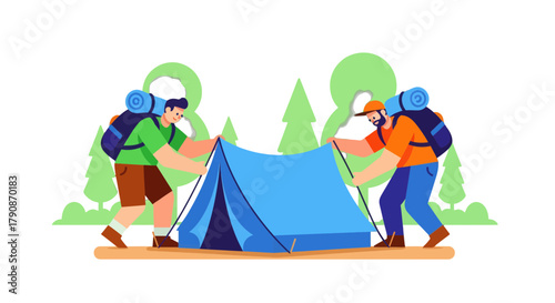 Adventurous Campers Constructing Tent In A Wilderness Landscape Near Trees and Bushes