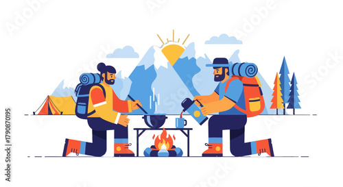 Adventurous Campers Cooking Delightful Meals Surrounded By Spectacular Mountain Views