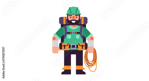 Adventurous Climber With Backpack and Rope Preparing For Challenging Mountain Adventure