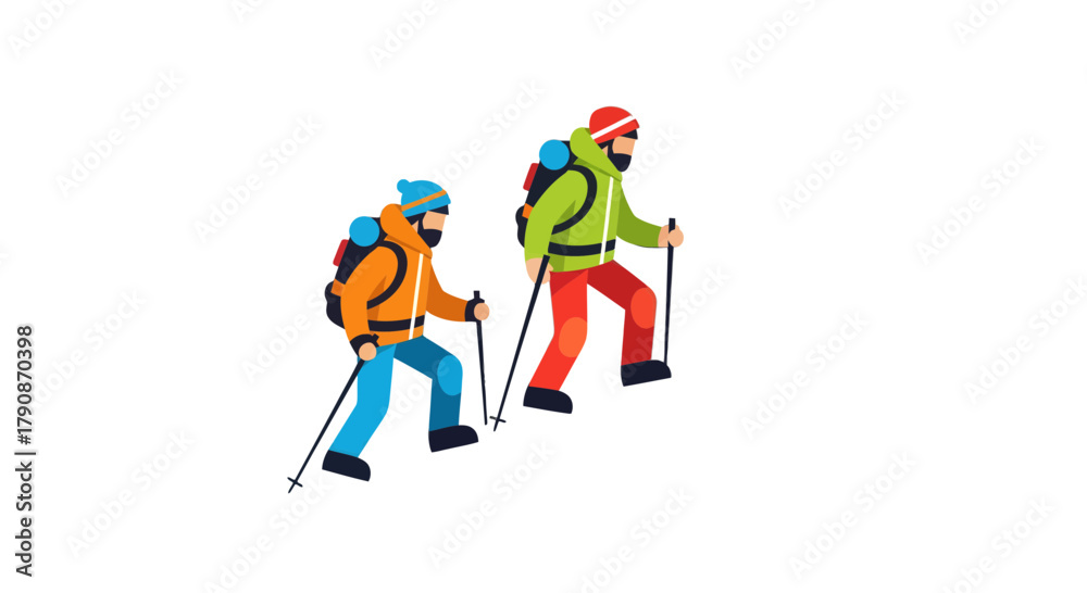 Obraz premium Adventurous Climbers Ascending Mountain, Celebrating Trekking and Reaching Summit