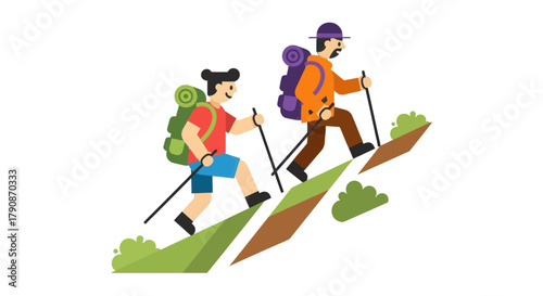 Adventurous Climbers Ascending Hill, Hiking Together, Black Background, Vector Illustration