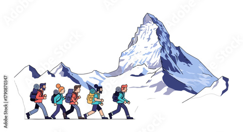 Adventurous Climbers Ascending Iconic Mountain Peaks Towards the Overlooking Panorama