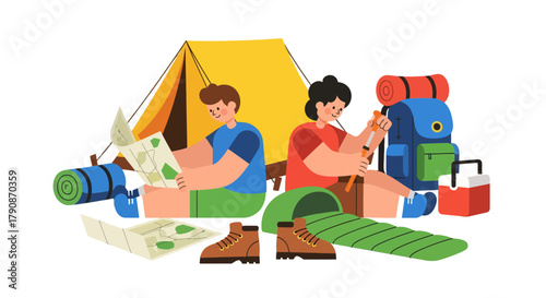 Adventurous Camping Friends Prepare For An Exciting Outdoor Adventure Trip Planning Together