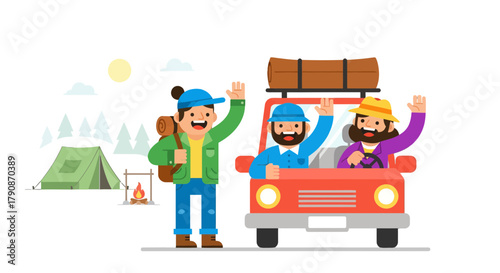 Adventurous Camping Trip: People Waving Goodbye Before Going In The Car at Night