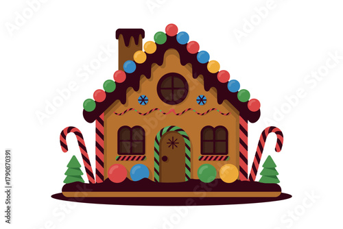 A decorated gingerbread house is a festive symbol of winter holidays.