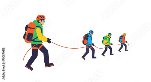 Adventurous Climbers Traverse Across Rugged Terrain with Protection on a Black Background