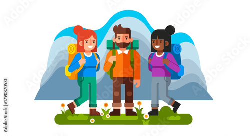 Adventurous Companions Hike Towards Majestic Peaks Under a Vibrant Sky with Joy