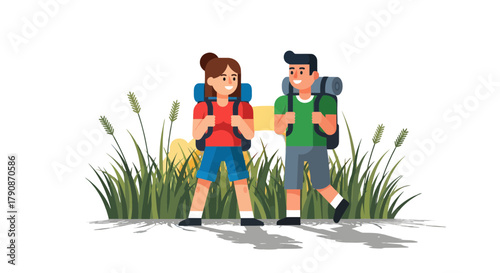 Adventurous Couple Backpacking Together Amidst Lush Grasses Under A Night Sky Illustration