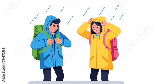 Adventurous Couple Battling Rainstorm With Backpacks Under The Dreary Weather