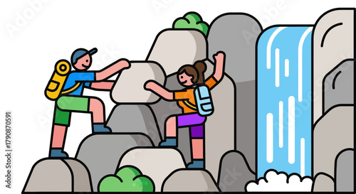 Adventurous Couple Ascends Rocky Terrain Towards a Waterfall's Refreshing Waters