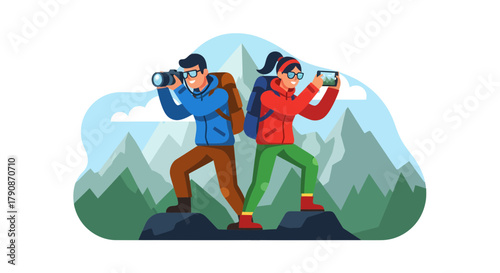 Adventurous Couple Capturing Scenic Mountain Views With Photo And Smartphone