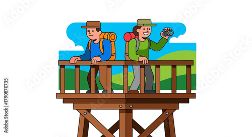 Adventurous Couple Capturing Scenic Views From Observation Tower Depicted As Illustration