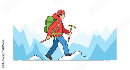 Adventurous Climber Ascending Icy Terrain, Vector Illustration Depicting Courage and Endurance