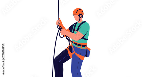 Adventurous Climber Ascending The Rope Sportingly Demonstrating Safety Harness And Equipment