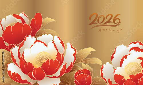 Horizontal New Year celebration illustration of red and golden auspicious peonies