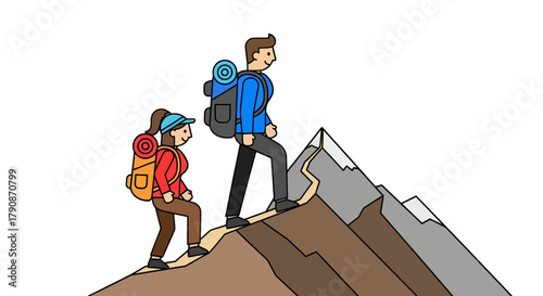 Adventurous Couple Climbing Majestic Mountain to Achieve Their Ultimate Goals