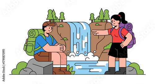 Adventurous Couple Discovering A Majestic Waterfall In Nature's Wilderness