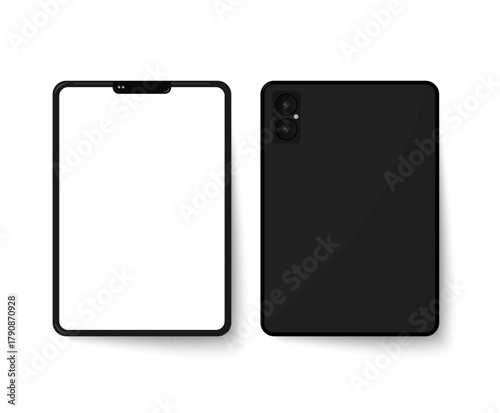 Black tablet from the front and back. Vector template of a black tablet on a white background.