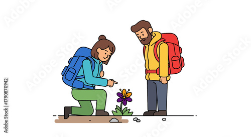 Adventurous Couple Discovering A Vibrant Flower During A Nature Hike Expedition