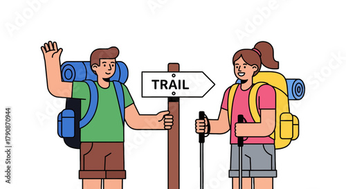 Adventurous Couple Displaying Signpost for a Hiking Trail in Minimalist Style
