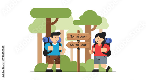 Adventurous Couple Decides Direction On A Forest Trail For Their Journey