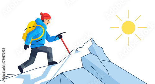 Adventurous Climber Ascends Mountain Peak During Sunny Day, Reaching the Summit