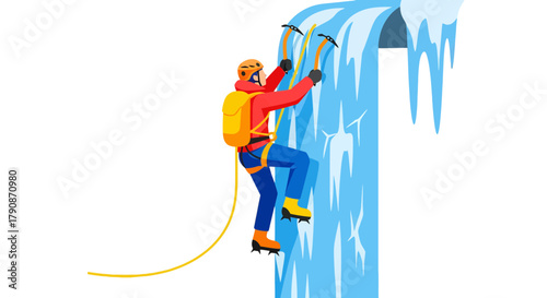 Adventurous Climber Ascends Frozen Terrain Against a Stark Black Backdrop