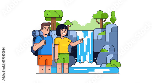Adventurous Couple Discovering A Waterfall Within Colorful Outdoor Nature Scene