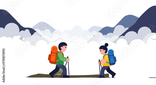 Adventurous Couple Embark On Mountain Hike With Cloud Backdrop Depicting Journey