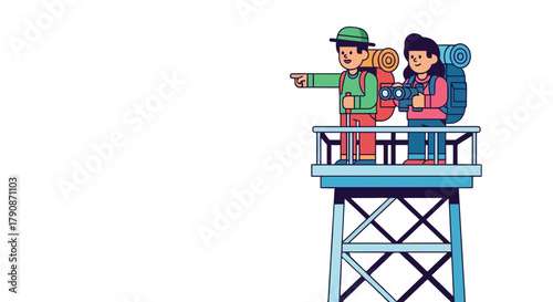 Adventurous Couple Exploring A Scenic Landscape On A High Observation Tower